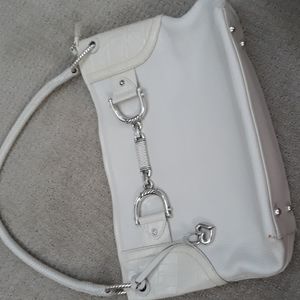 Brighton white pebbled leather and croc print satchel.